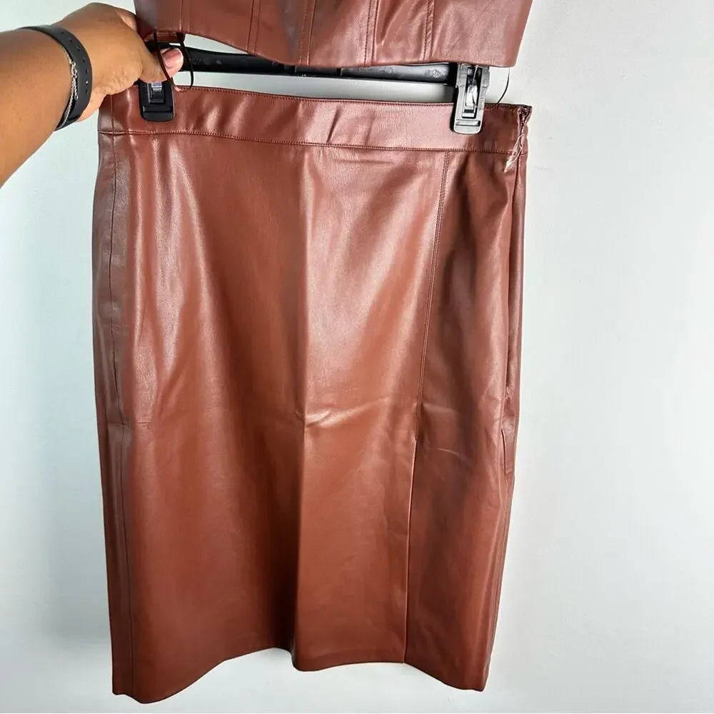 New JASON WU Faux Leather Chocolate Brown Midi skirt 2 Piece Set Large Vegan
